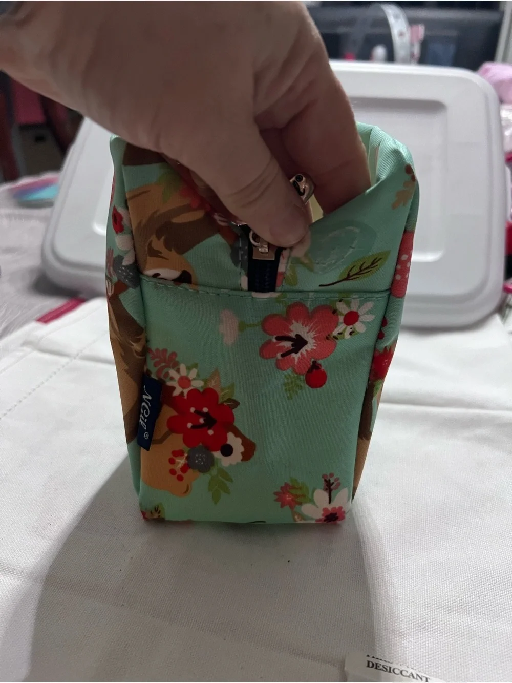 NGIL Sloth Floral Cosmetic Bag Makeup Travel Toiletry Case NWT Mint Blue Cute